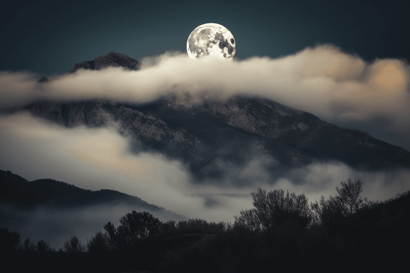 A photograph of a full moon rising over a mountain range, with mist and clouds adding to the sense of mystery.