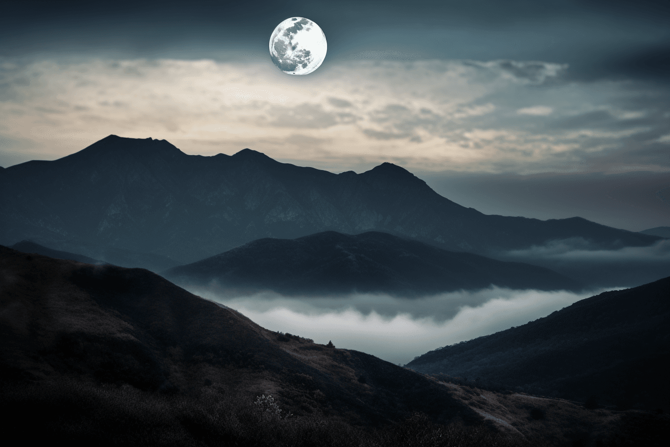 A photograph of a full moon rising over a mountain range, with mist and clouds adding to the sense of mystery.