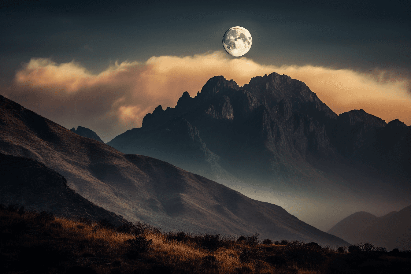 A photograph of a full moon rising over a mountain range, with mist and clouds adding to the sense of mystery.