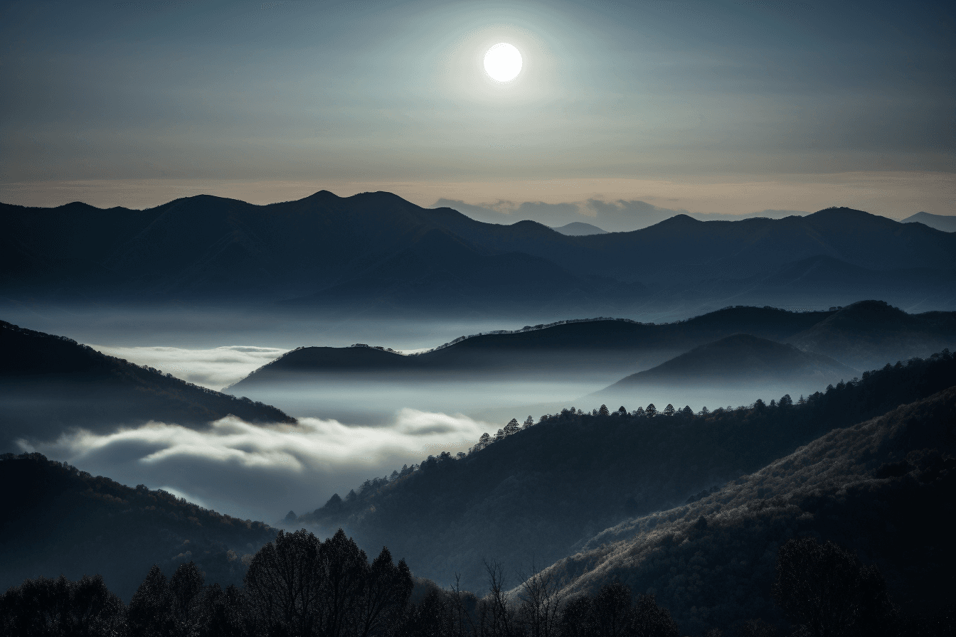 A photograph of a full moon rising over a mountain range, with mist and clouds adding to the sense of mystery.