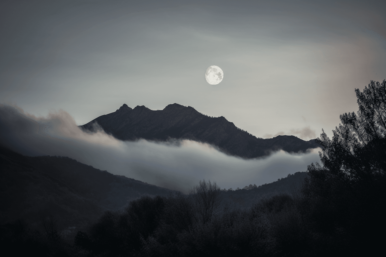 A photograph of a full moon rising over a mountain range, with mist and clouds adding to the sense of mystery.