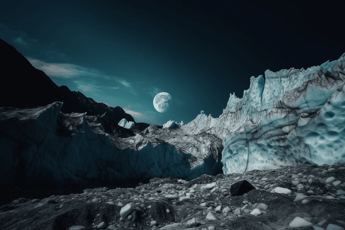 A photograph of a glacier on a distant planet, with the blue and white colors contrasting against the dark sky.