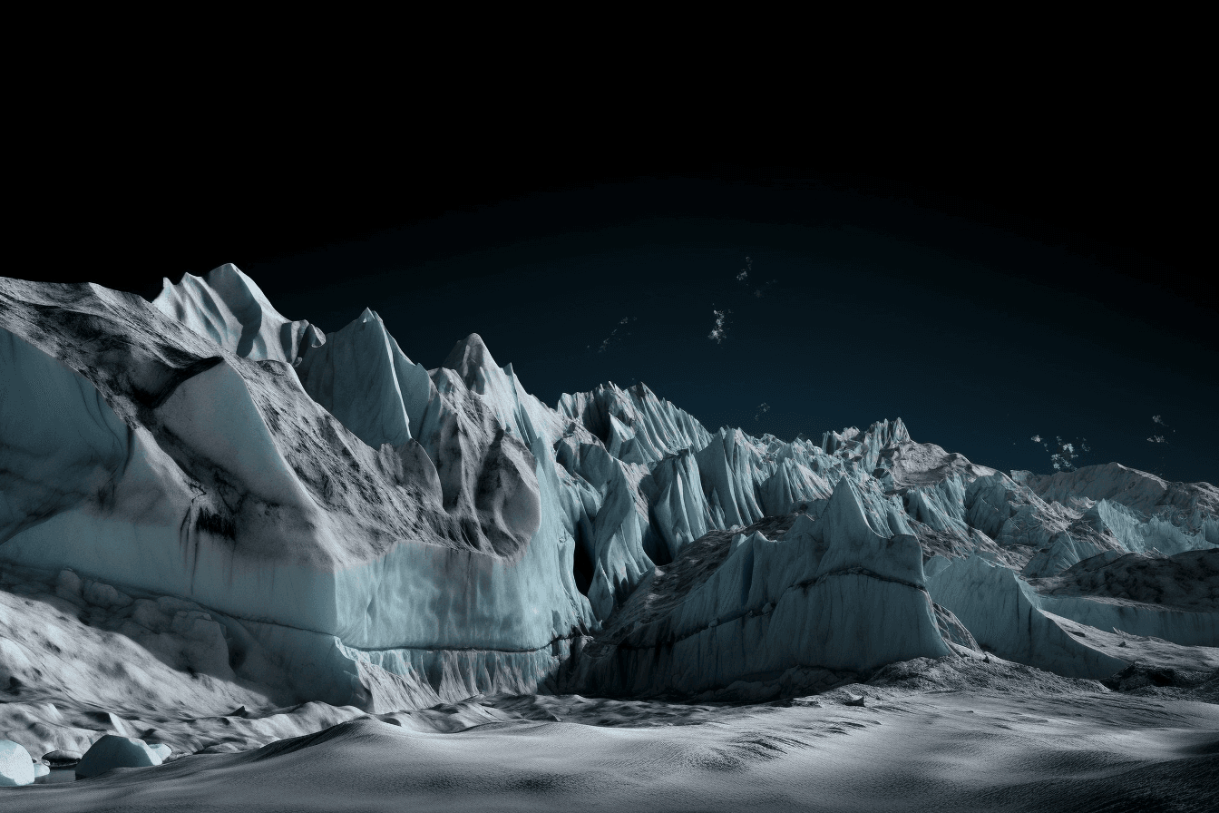 A photograph of a glacier on a distant planet, with the blue and white colors contrasting against the dark sky.