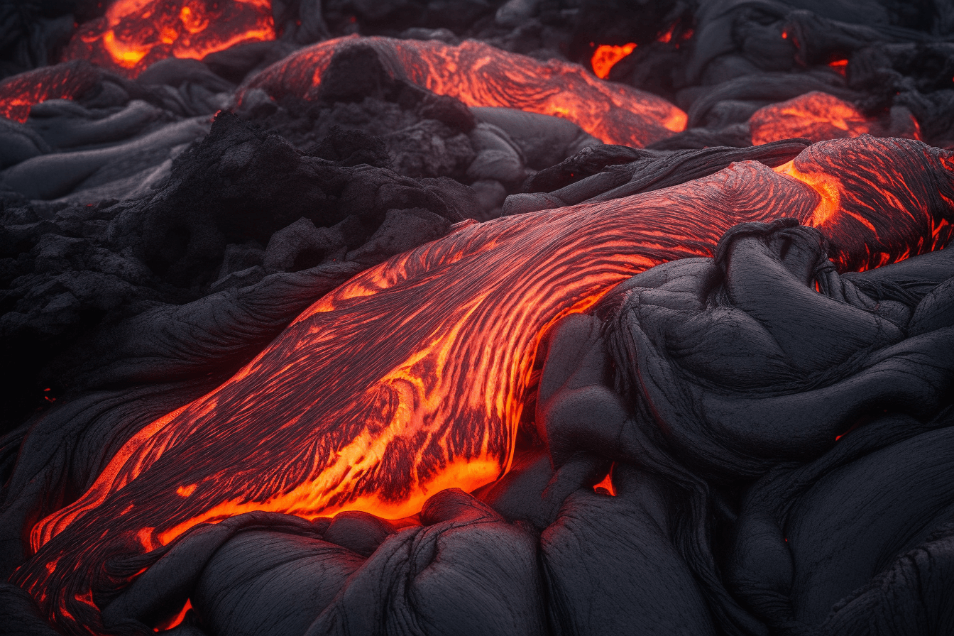 A photograph of a lava flow on a volcanic planet, with the red and orange colors evoking a sense of danger and excitement.