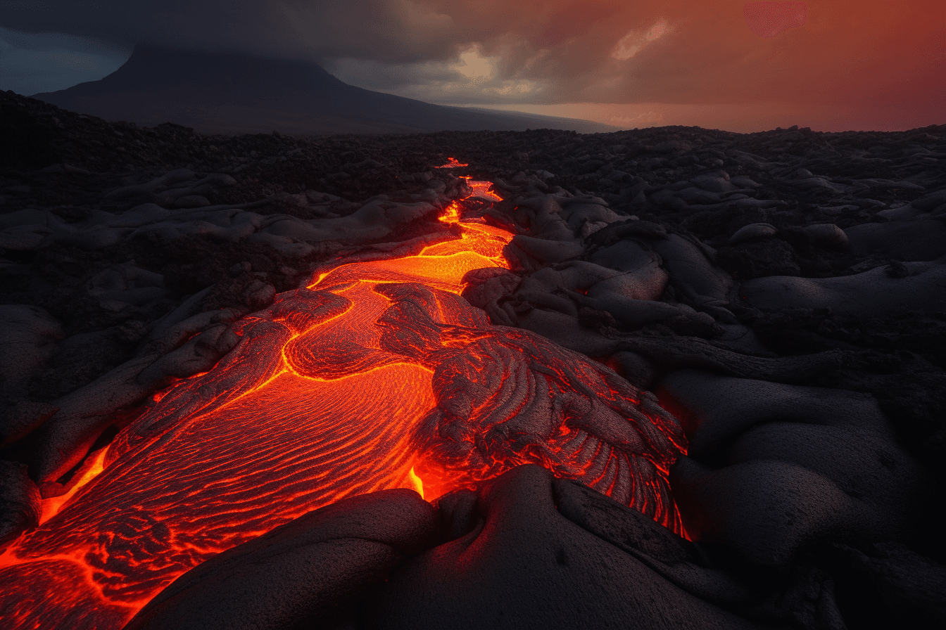 A photograph of a lava flow on a volcanic planet, with the red and orange colors evoking a sense of danger and excitement.