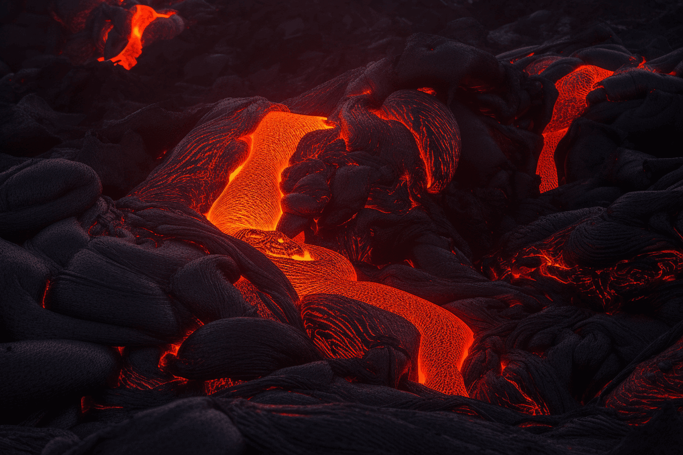 A photograph of a lava flow on a volcanic planet, with the red and orange colors evoking a sense of danger and excitement.