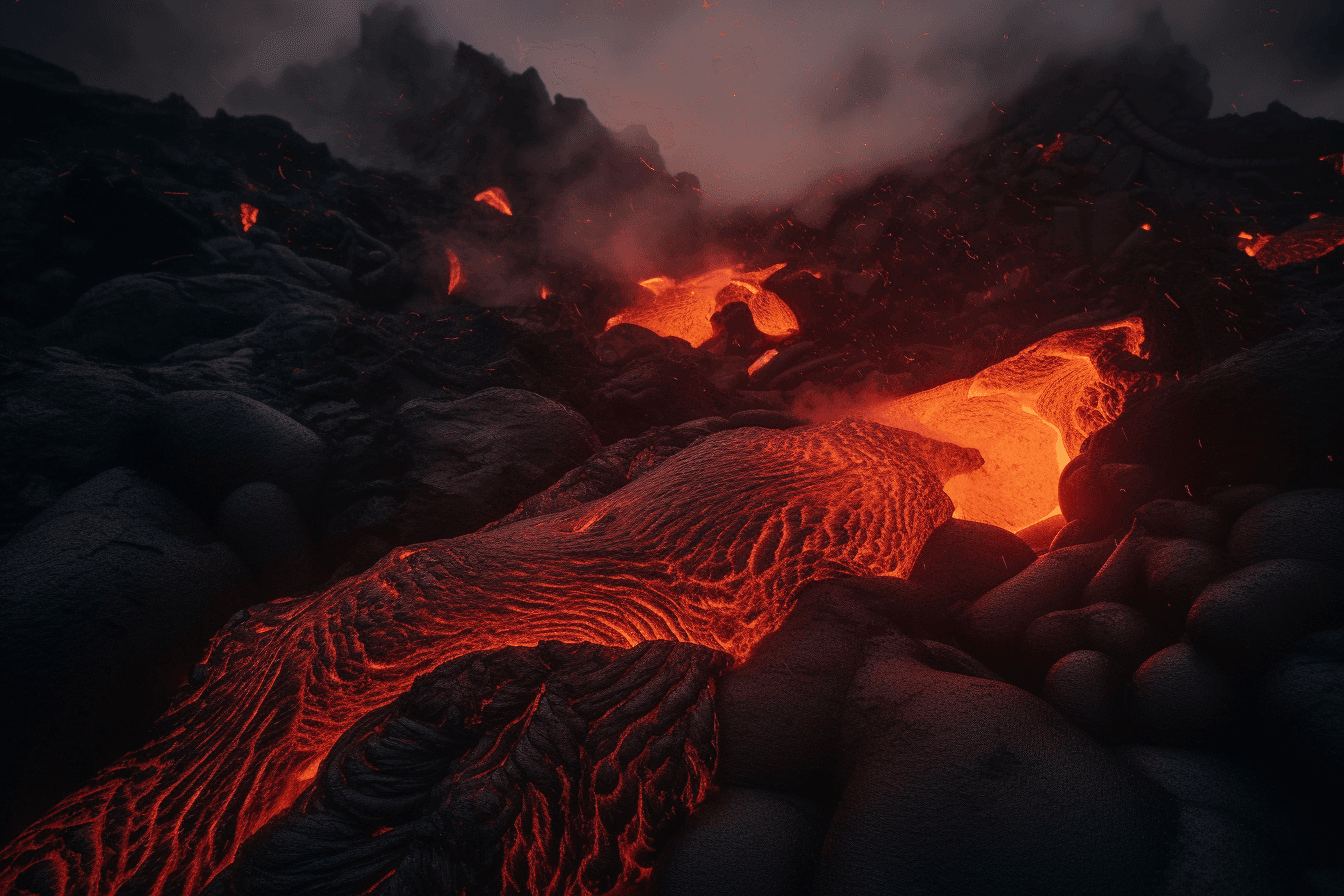 A photograph of a lava flow on a volcanic planet, with the red and orange colors evoking a sense of danger and excitement.