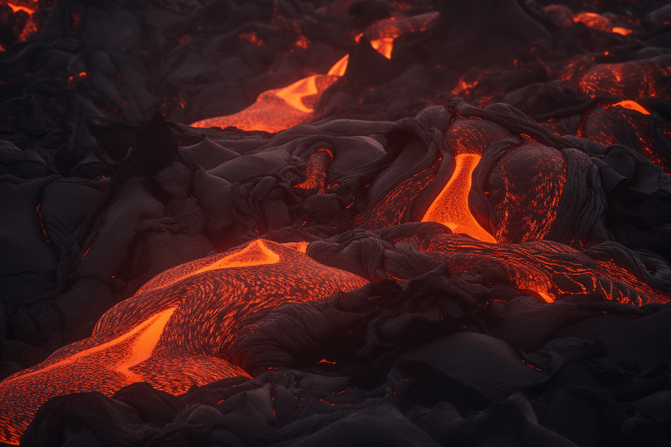 A photograph of a lava flow on a volcanic planet, with the red and orange colors evoking a sense of danger and excitement.