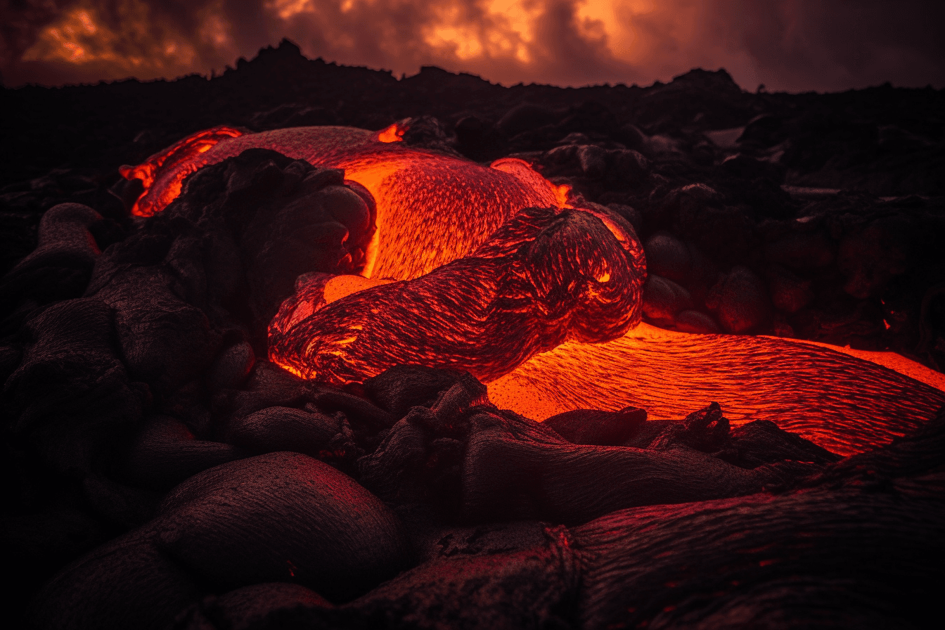 A photograph of a lava flow on a volcanic planet, with the red and orange colors evoking a sense of danger and excitement.