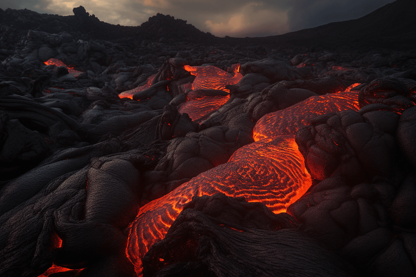 A photograph of a lava flow on a volcanic planet, with the red and orange colors evoking a sense of danger and excitement.