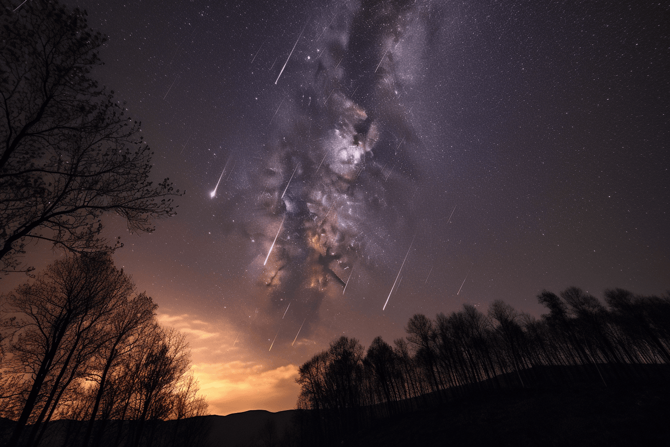 A photograph of a meteor shower, with bright streaks of light crossing the night sky.