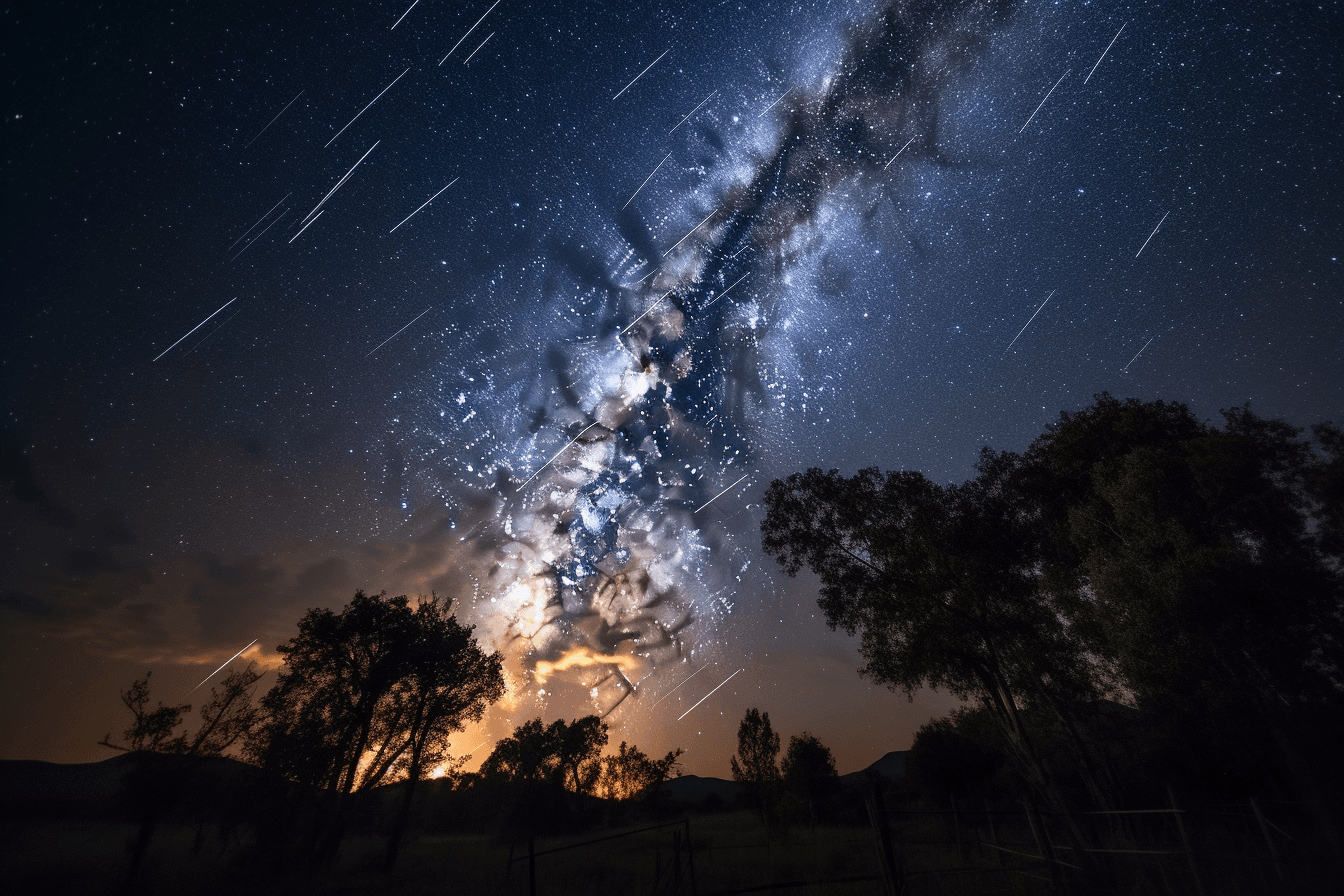 A photograph of a meteor shower, with bright streaks of light crossing the night sky.