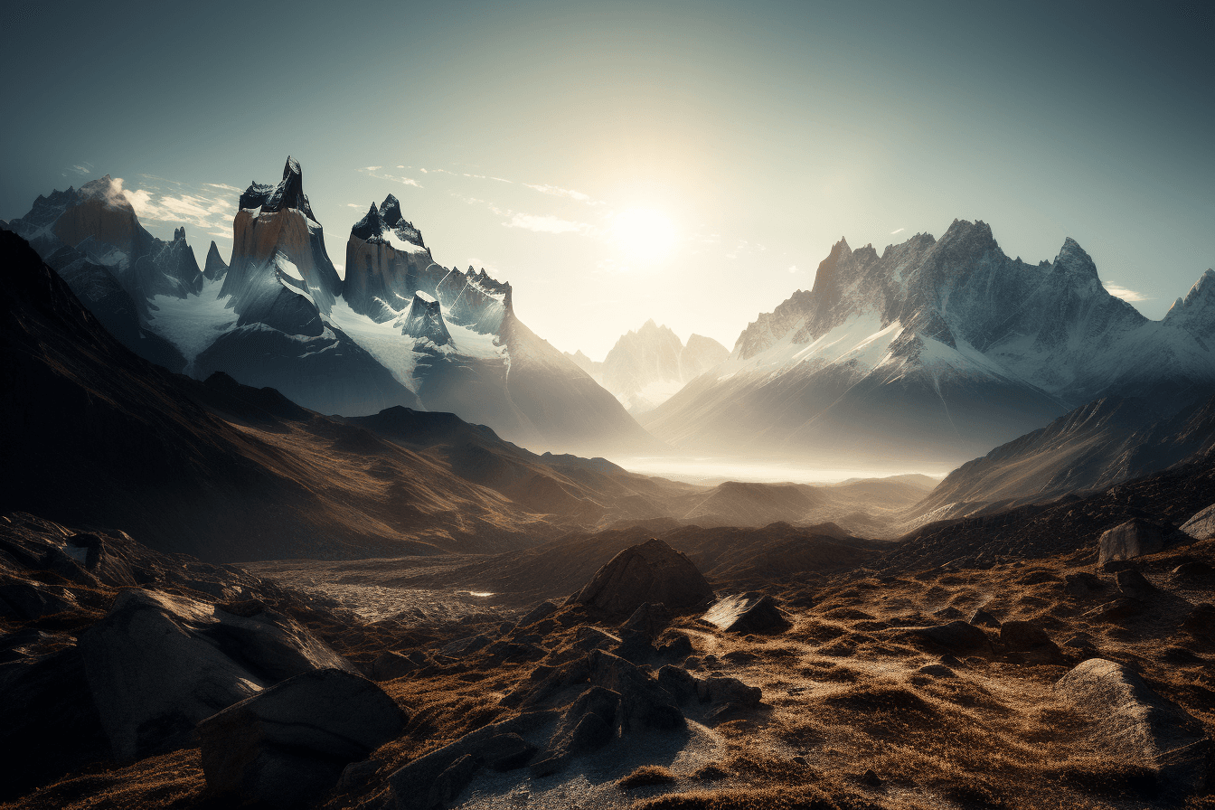 A photograph of a mountain range on another planet, with the bright sun shining through the peaks.