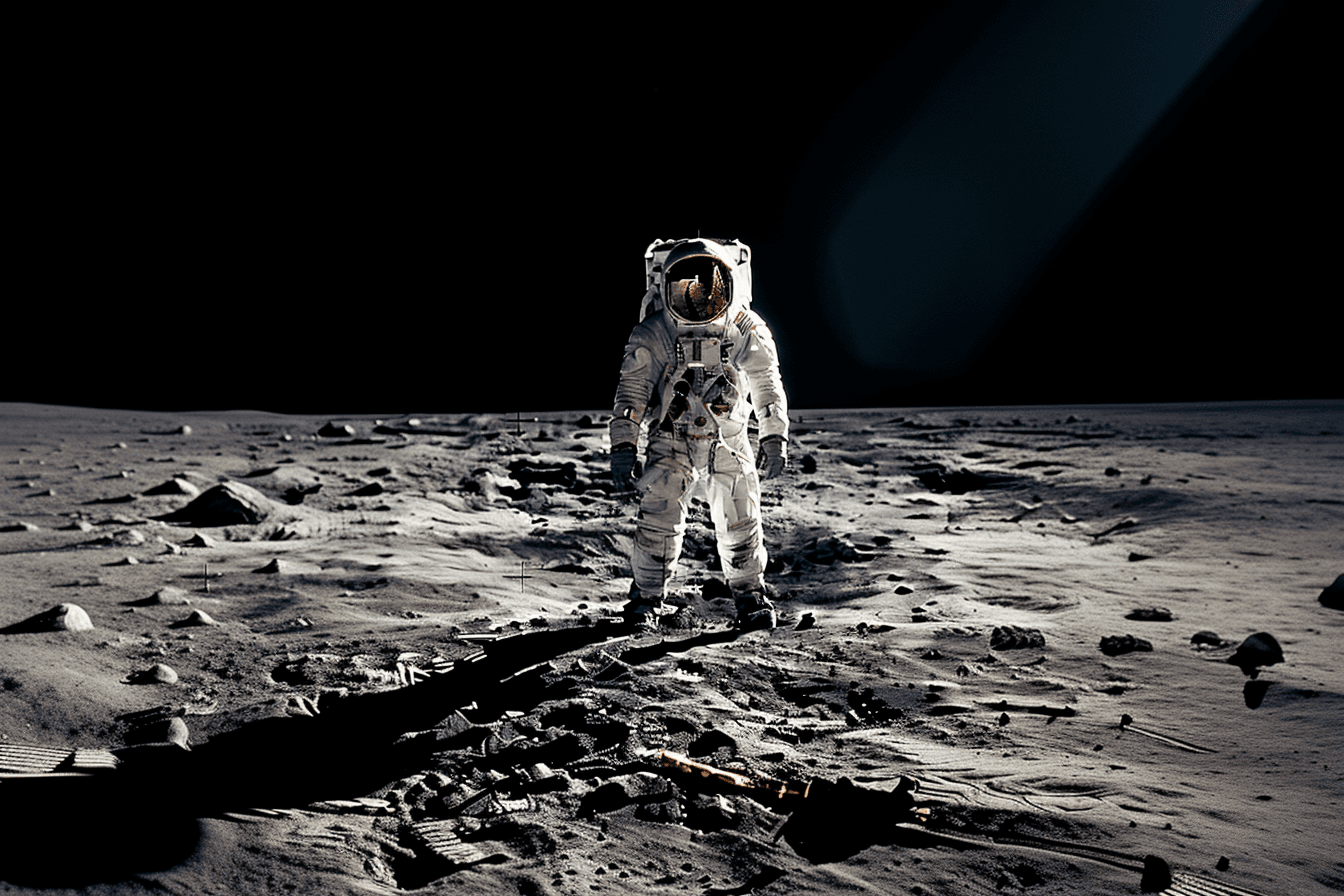 A photograph of an astronaut standing on the surface of the moon with Earth in the background.