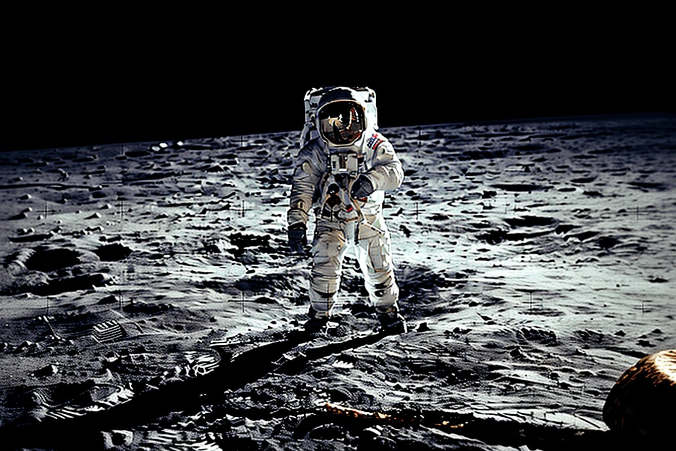 A photograph of an astronaut standing on the surface of the moon with Earth in the background.