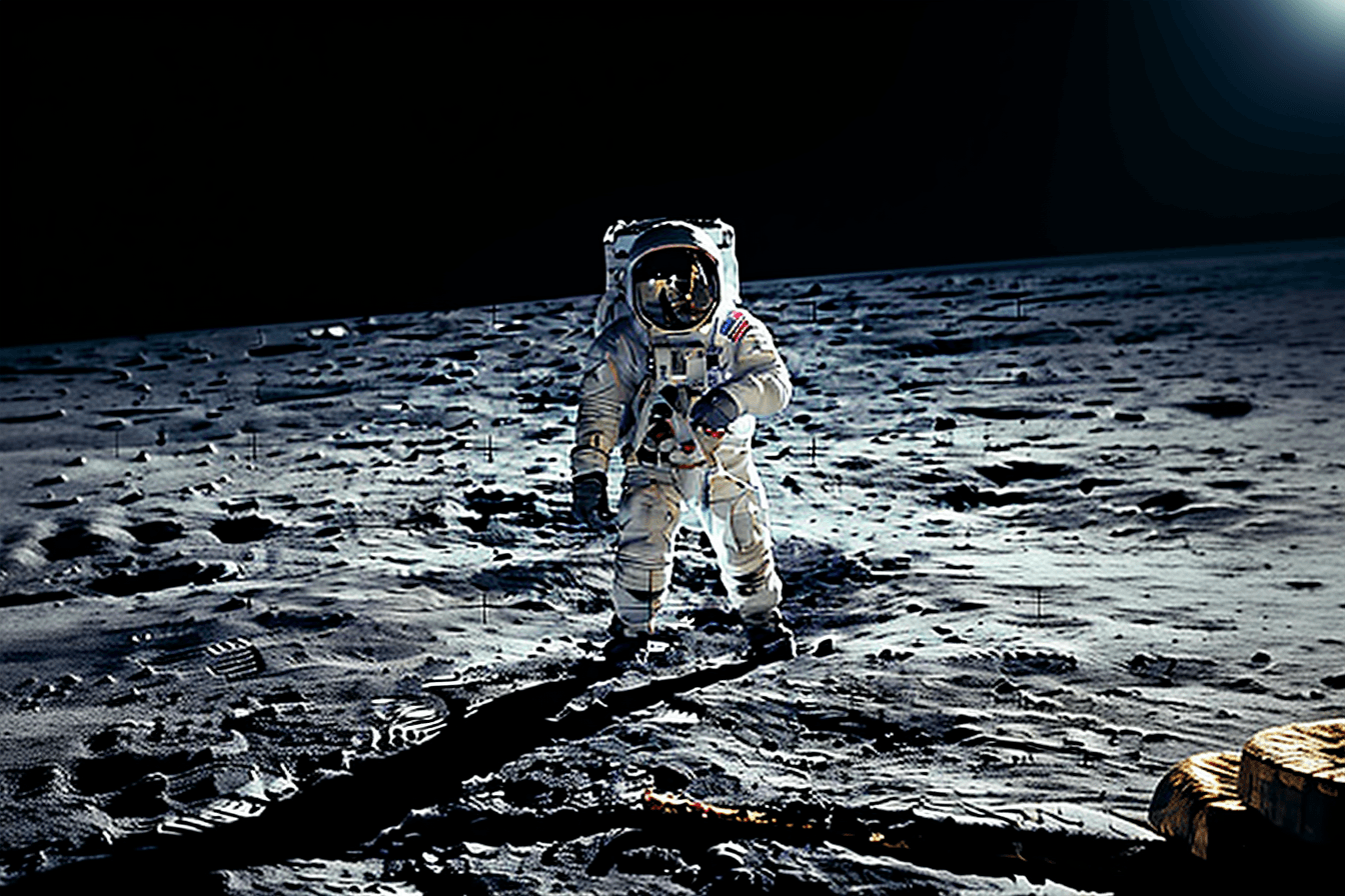 A photograph of an astronaut standing on the surface of the moon with Earth in the background.