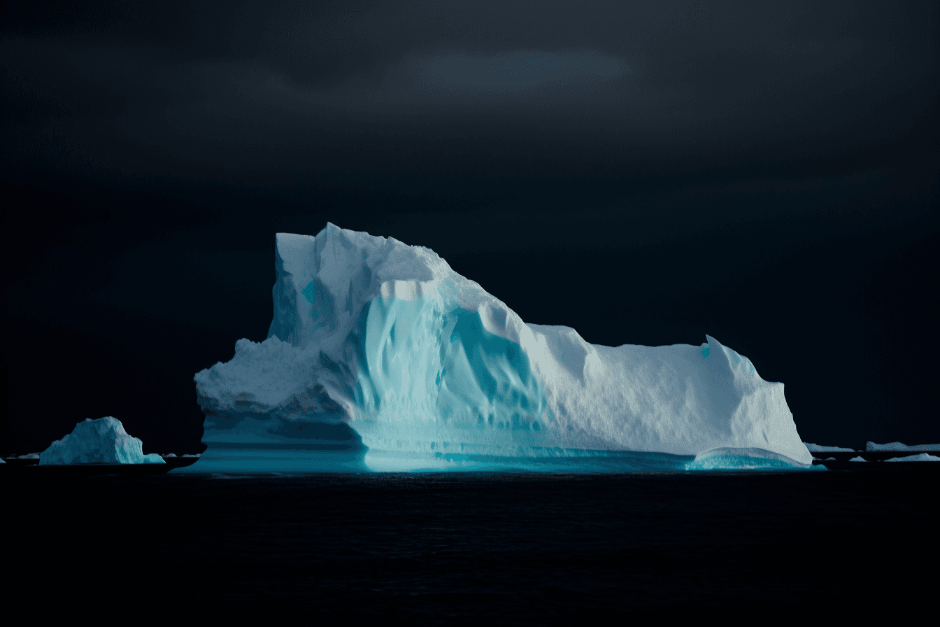 A photograph of an iceberg in the Arctic, with the blue and white colors contrasting against a dark sky.