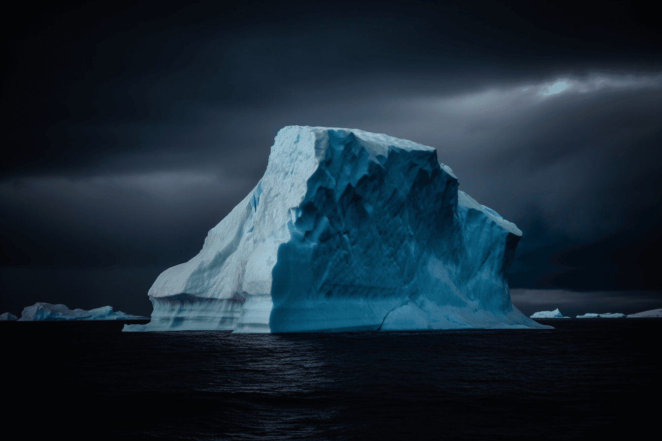 A photograph of an iceberg in the Arctic, with the blue and white colors contrasting against a dark sky.