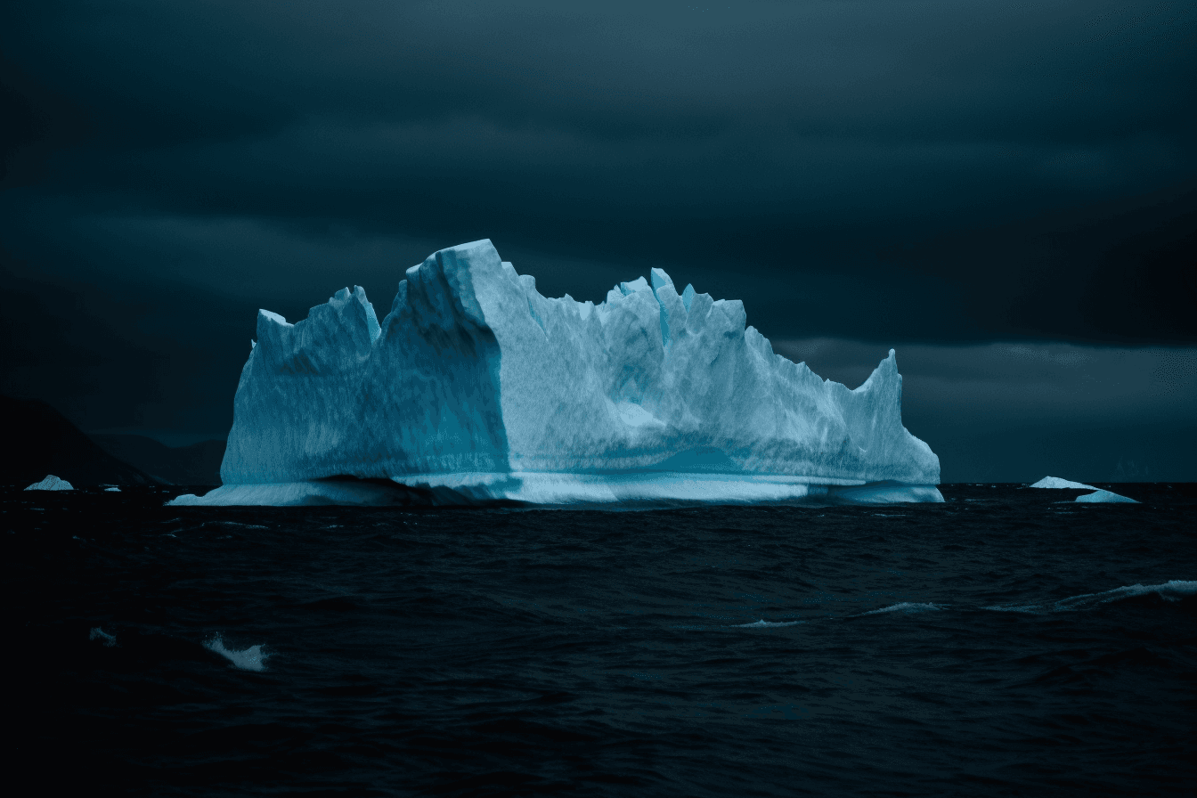 A photograph of an iceberg in the Arctic, with the blue and white colors contrasting against a dark sky.