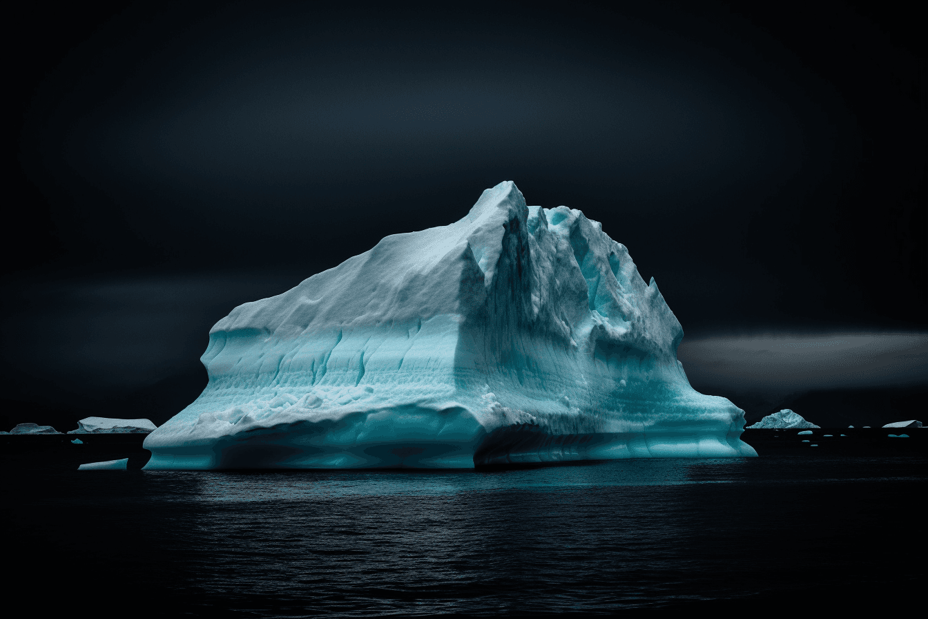 A photograph of an iceberg in the Arctic, with the blue and white colors contrasting against a dark sky.