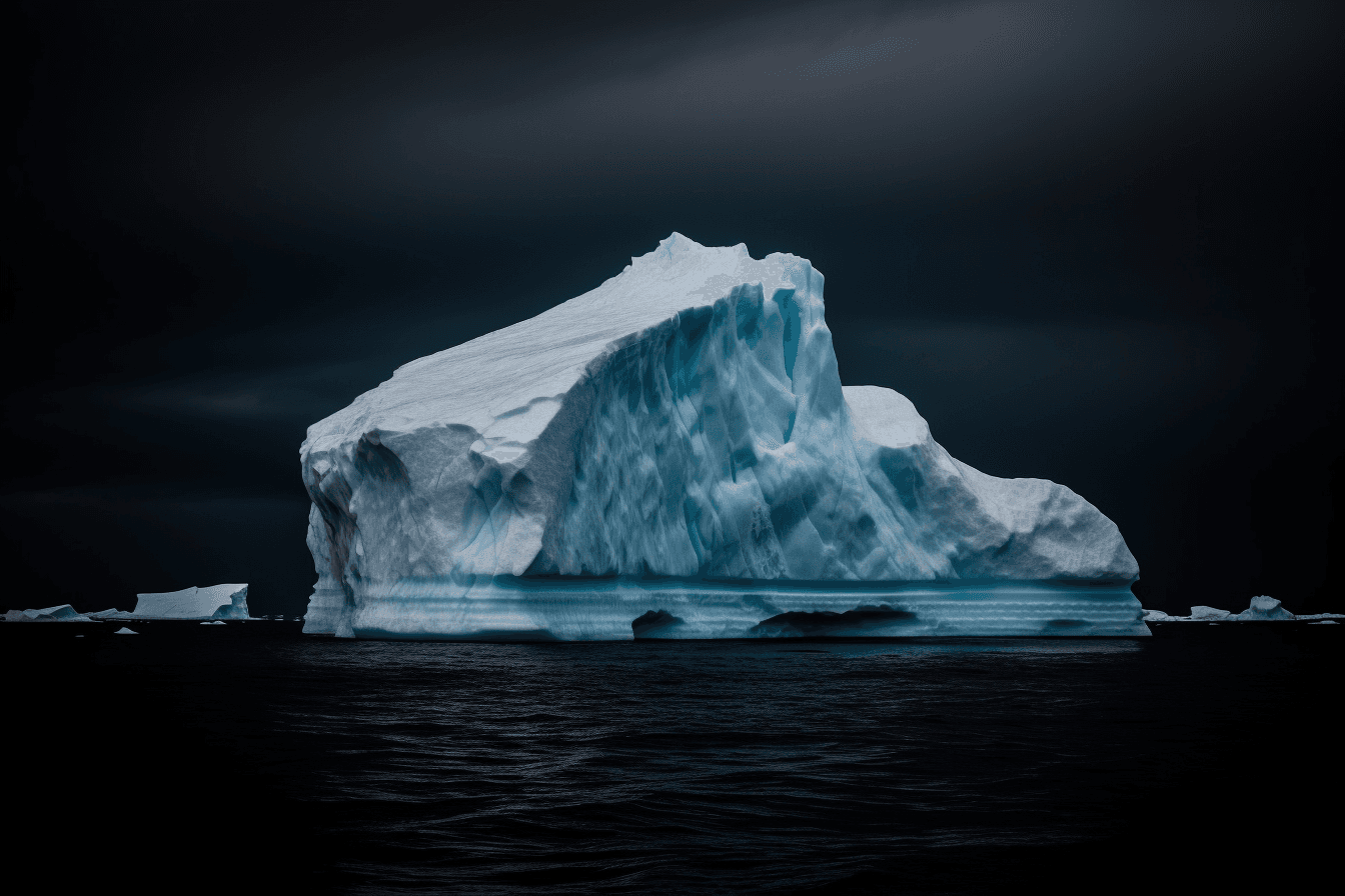 A photograph of an iceberg in the Arctic, with the blue and white colors contrasting against a dark sky.