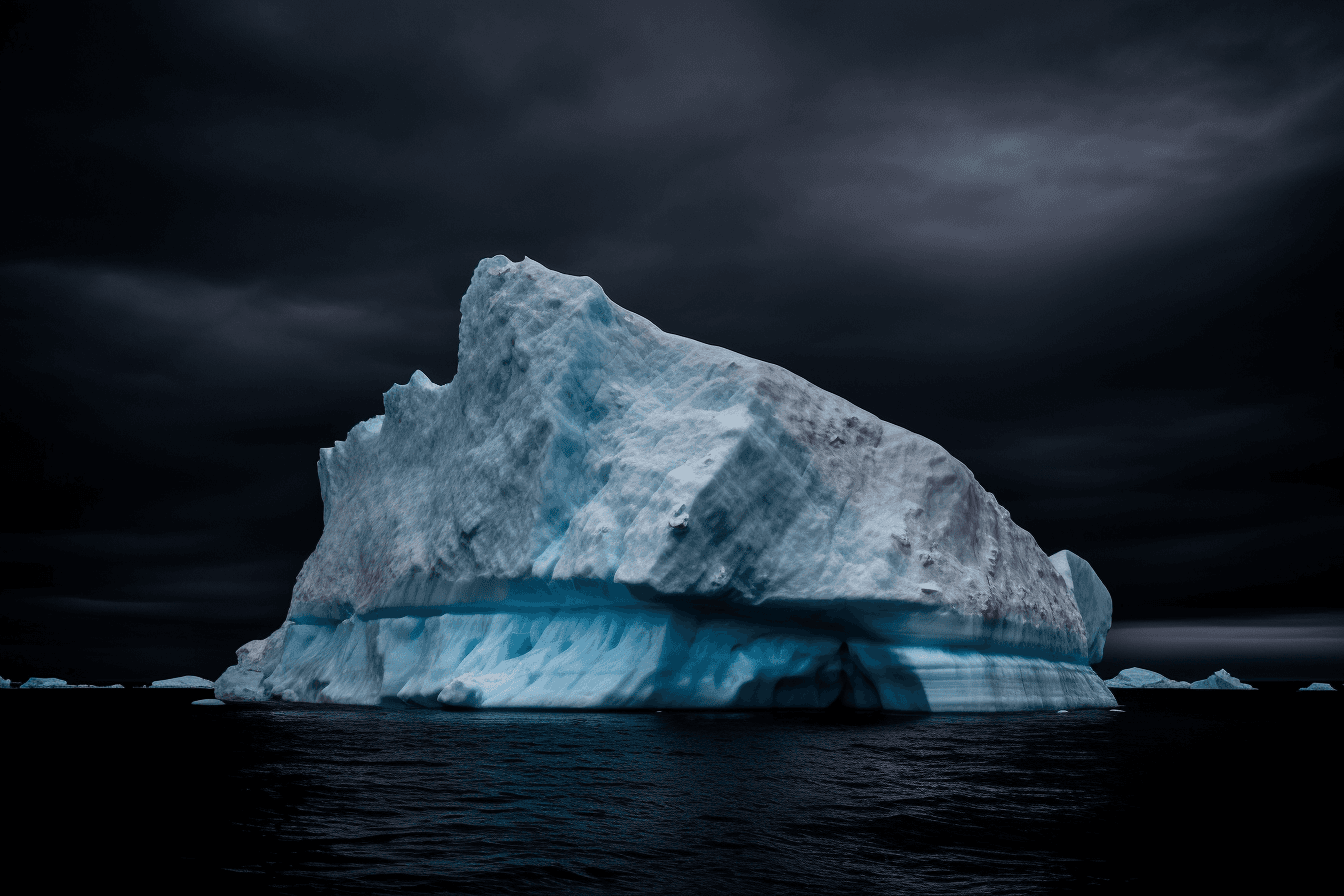 A photograph of an iceberg in the Arctic, with the blue and white colors contrasting against a dark sky.