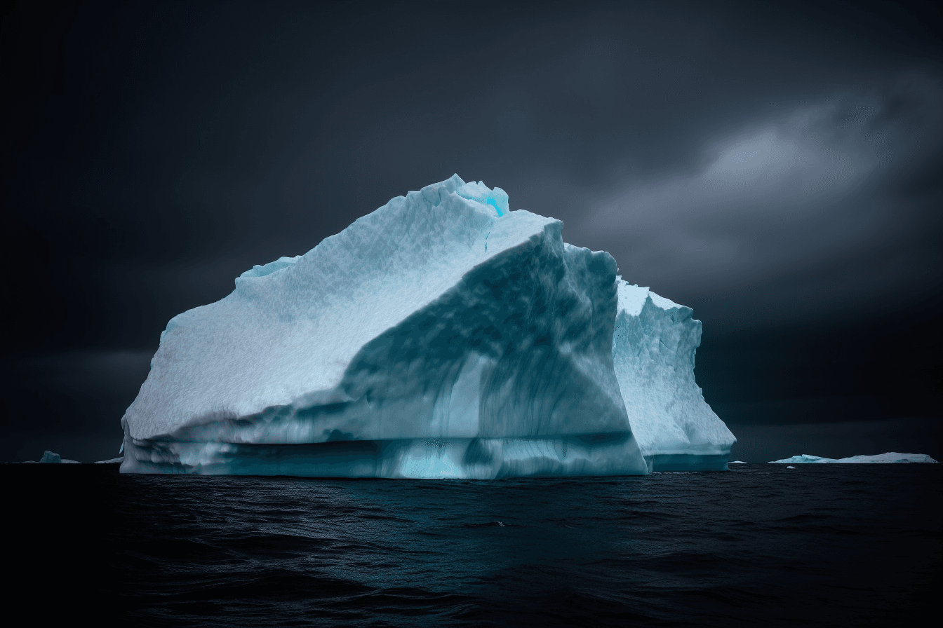 A photograph of an iceberg in the Arctic, with the blue and white colors contrasting against a dark sky.