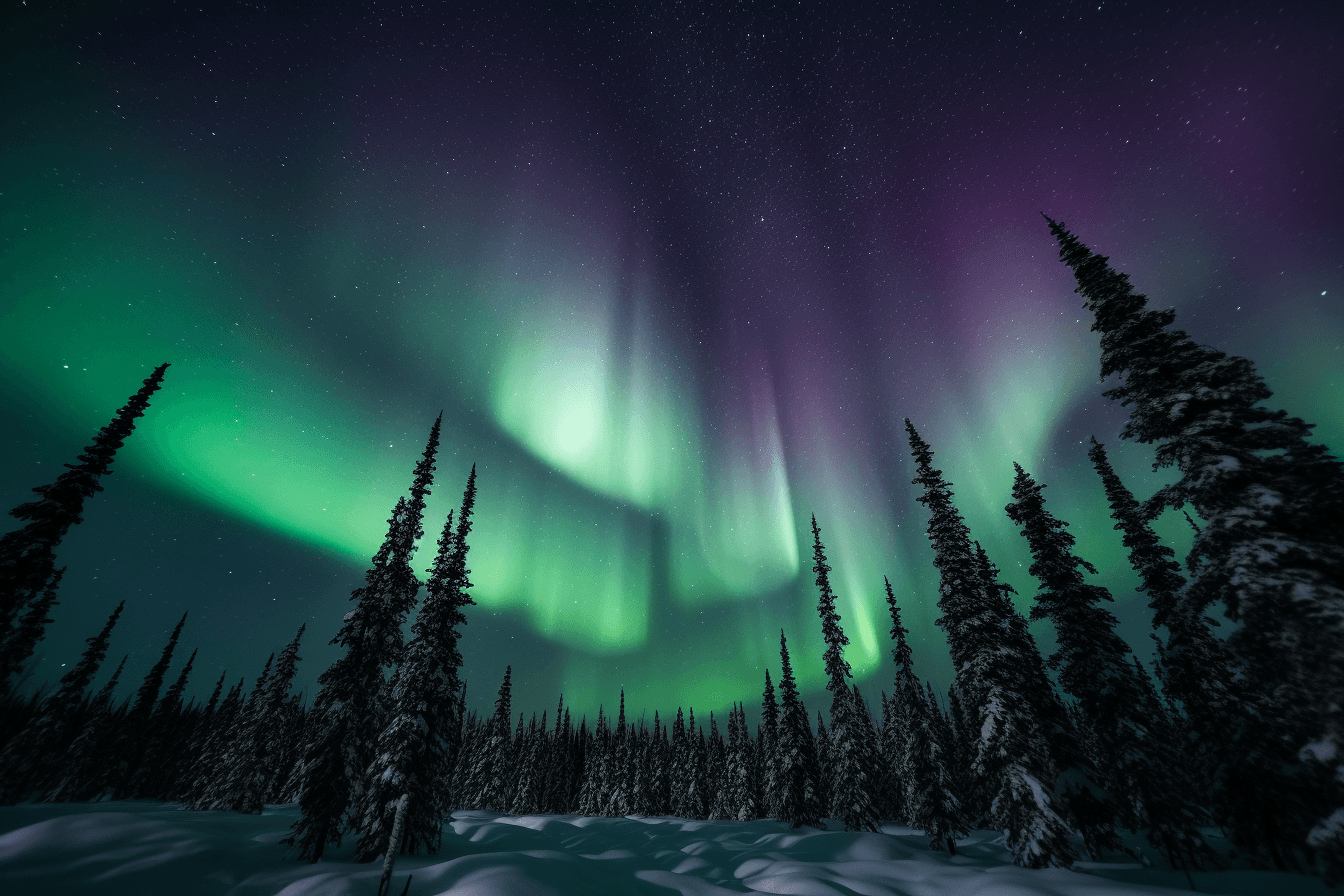 A photograph of the Northern Lights, with the green and purple hues swirling in the night sky.