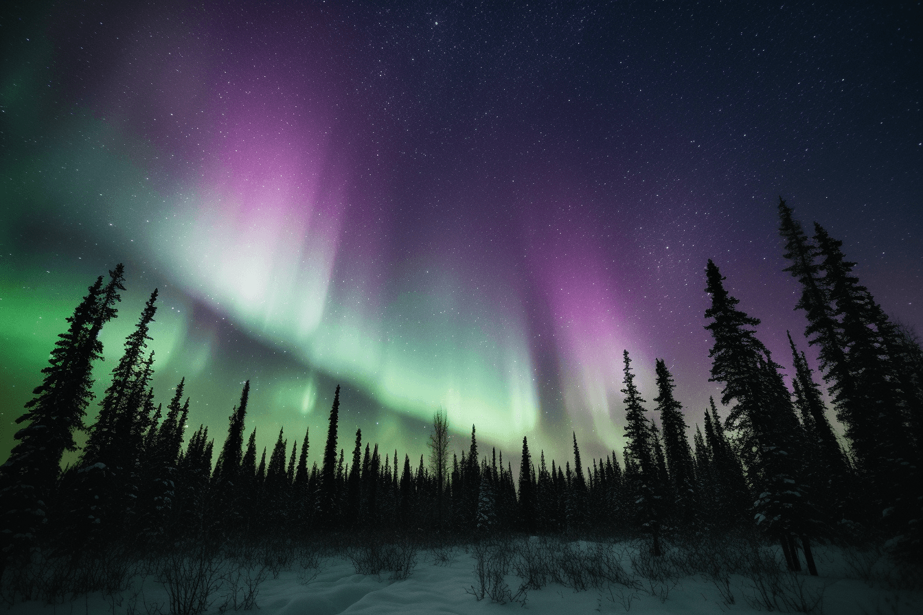 A photograph of the Northern Lights, with the green and purple hues swirling in the night sky.