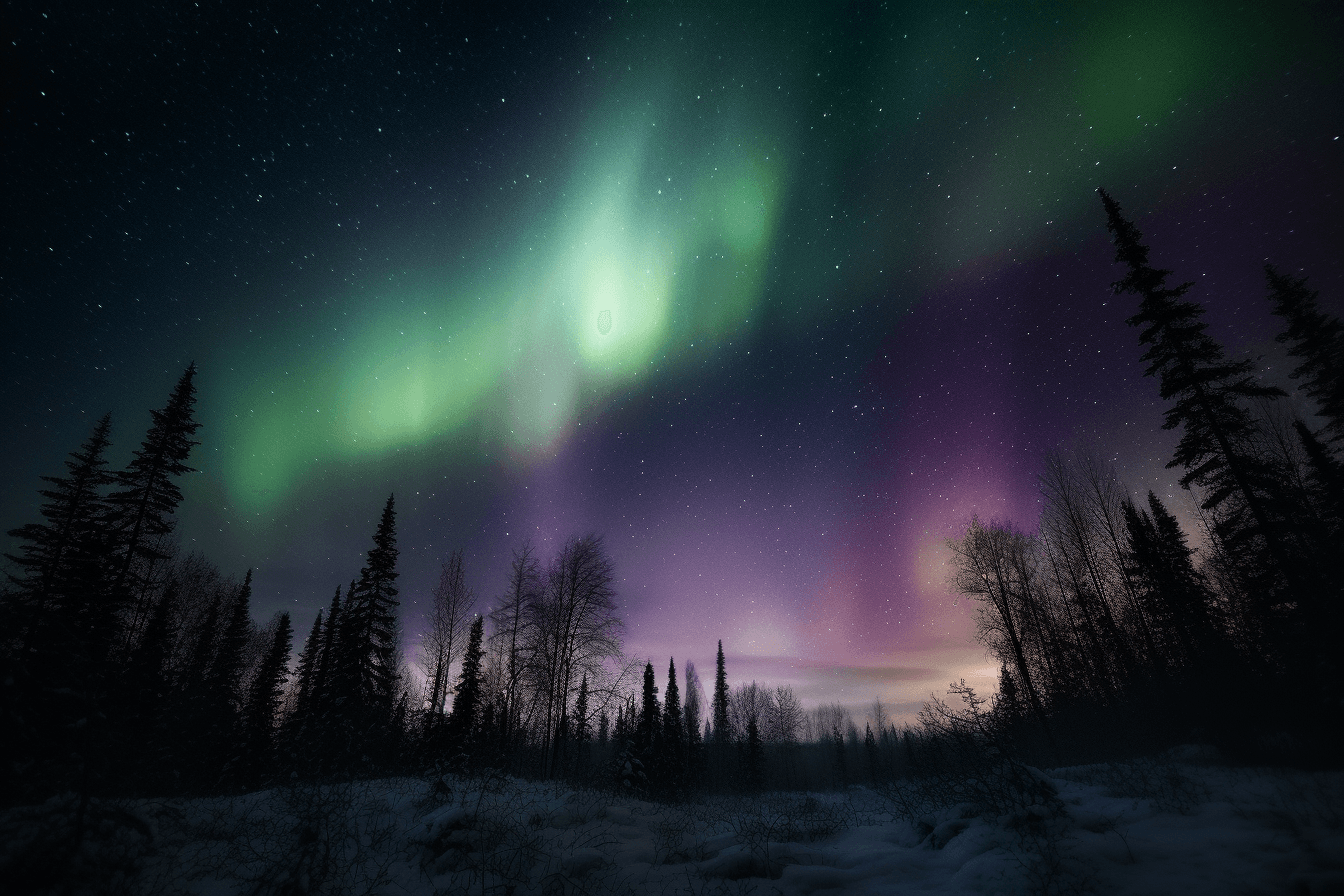 A photograph of the Northern Lights, with the green and purple hues swirling in the night sky.