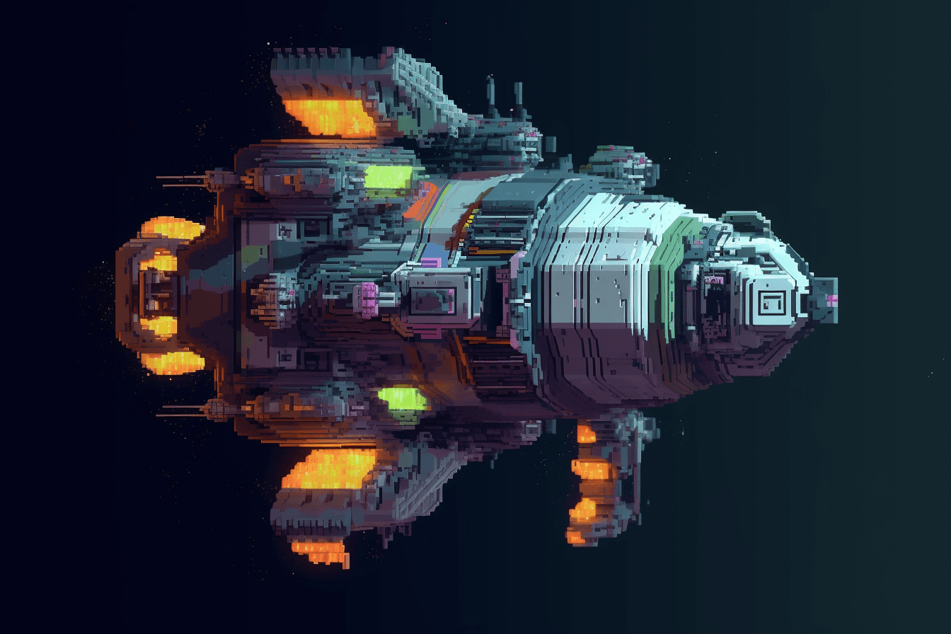 A pixel art depiction of a spacecraft, with blocky shapes and limited colors creating a nostalgic and playful feel.