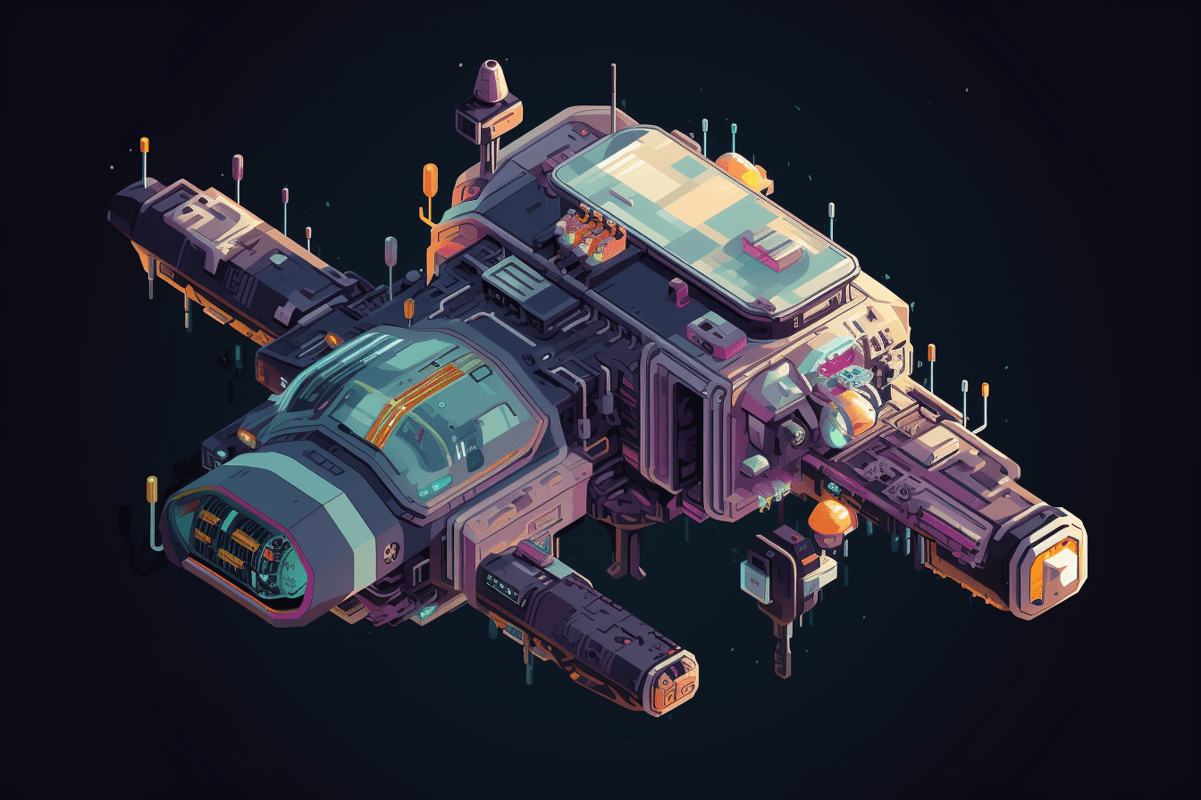 A pixel art depiction of a spacecraft, with blocky shapes and limited colors creating a nostalgic and playful feel.