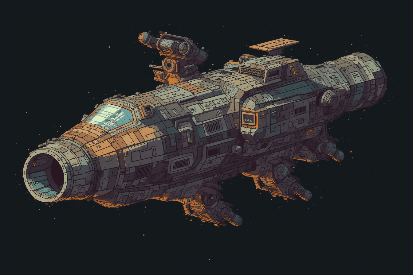 A pixel art depiction of a spacecraft, with blocky shapes and limited colors creating a nostalgic and playful feel.