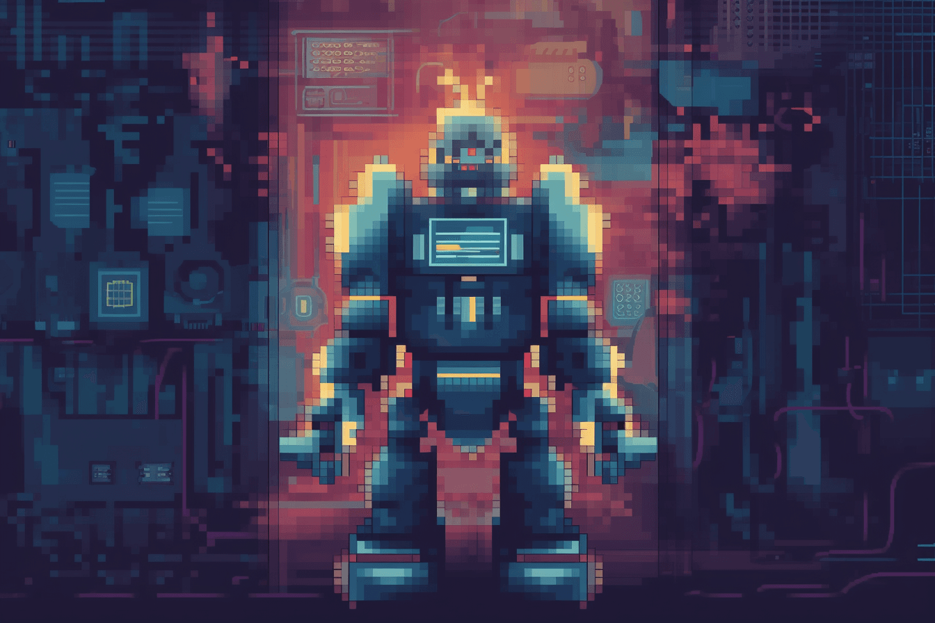 A pixel art-inspired wallpaper featuring a retro-style robot, with a limited color palette and pixelated lines.