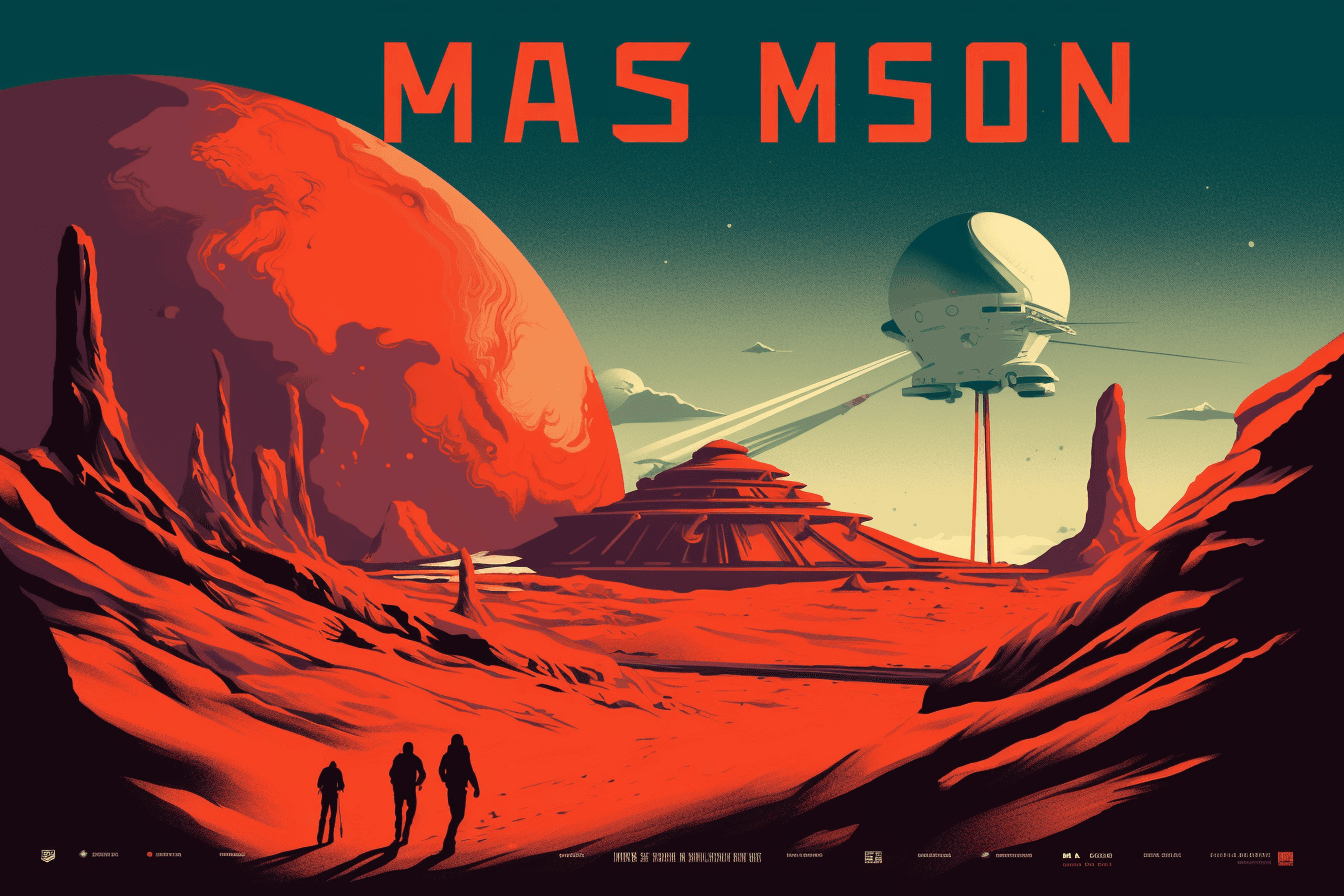 A poster-style image of a mission to Mars, with bold typography and a futuristic color scheme that represents the ambition of space exploration.