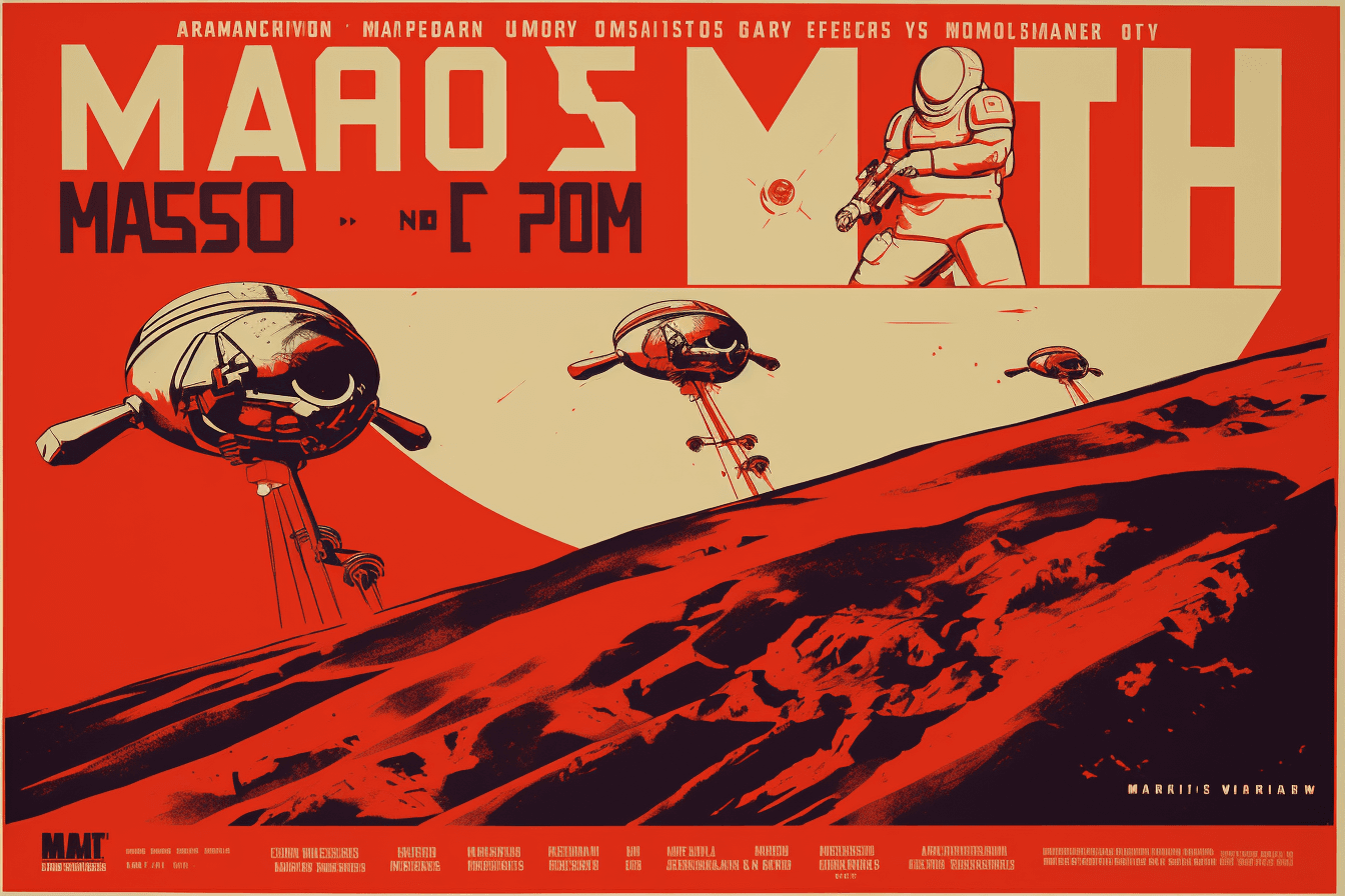 A poster-style image of a mission to Mars, with bold typography and a futuristic color scheme that represents the ambition of space exploration.