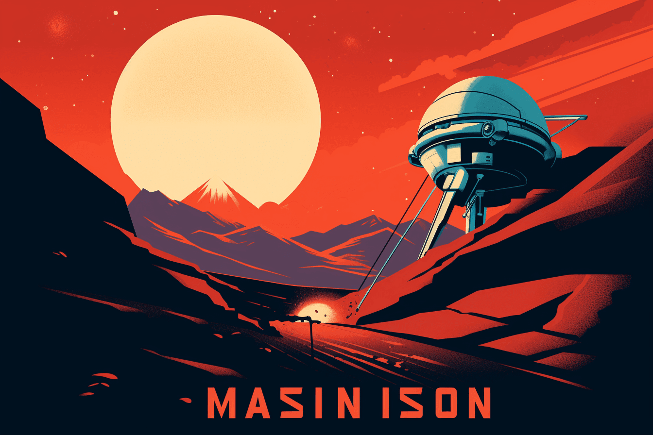 A poster-style image of a mission to Mars, with bold typography and a futuristic color scheme that represents the ambition of space exploration.