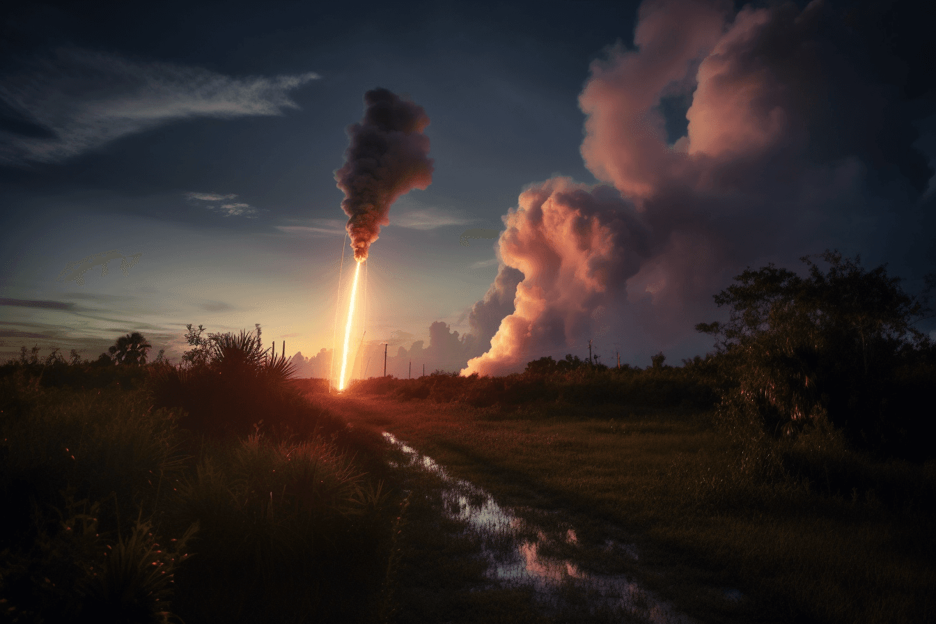 A realistic photograph of a rocket launch, with fiery trails and smoke visible in the sky.