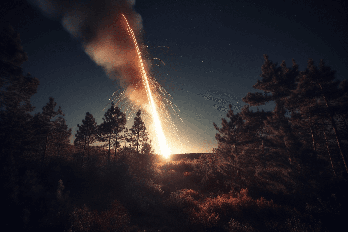 A realistic photograph of a rocket launch, with fiery trails and smoke visible in the sky.