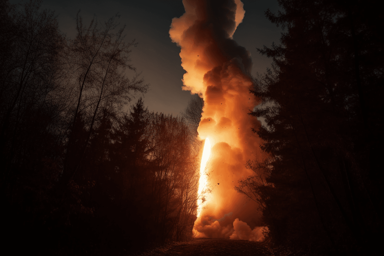 A realistic photograph of a rocket launch, with fiery trails and smoke visible in the sky.