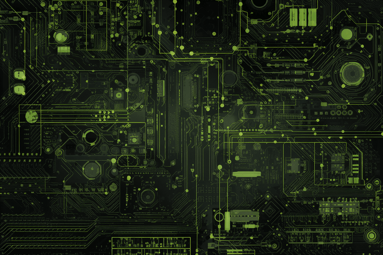 A repeating pattern of circuit board components, in shades of black, grey, and neon green.