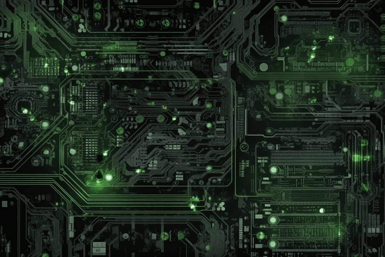 A repeating pattern of circuit board components, in shades of black, grey, and neon green.