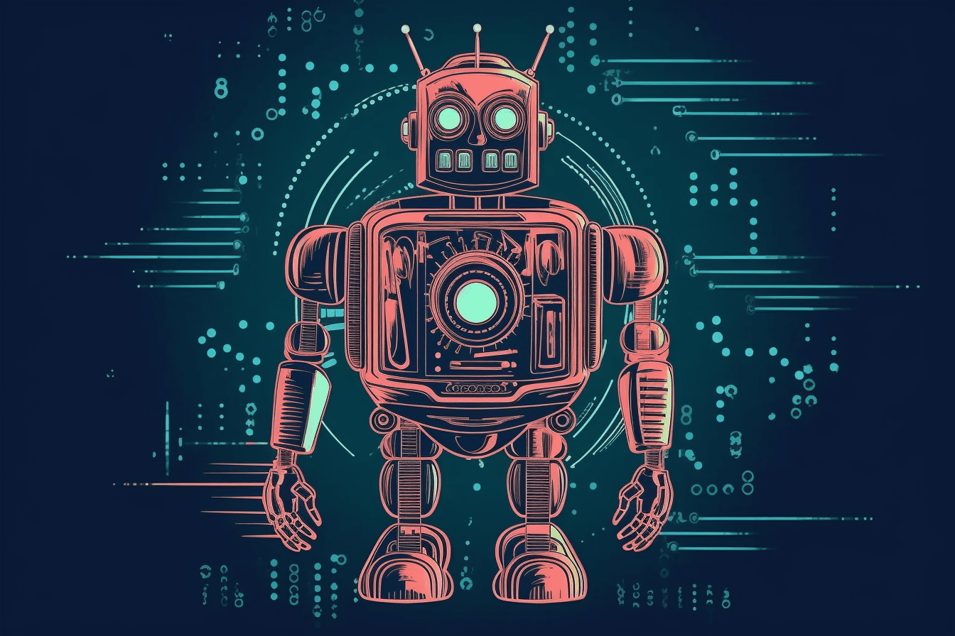 A retro-futuristic wallpaper featuring a vintage illustration of a robot, set against a neon-colored background.