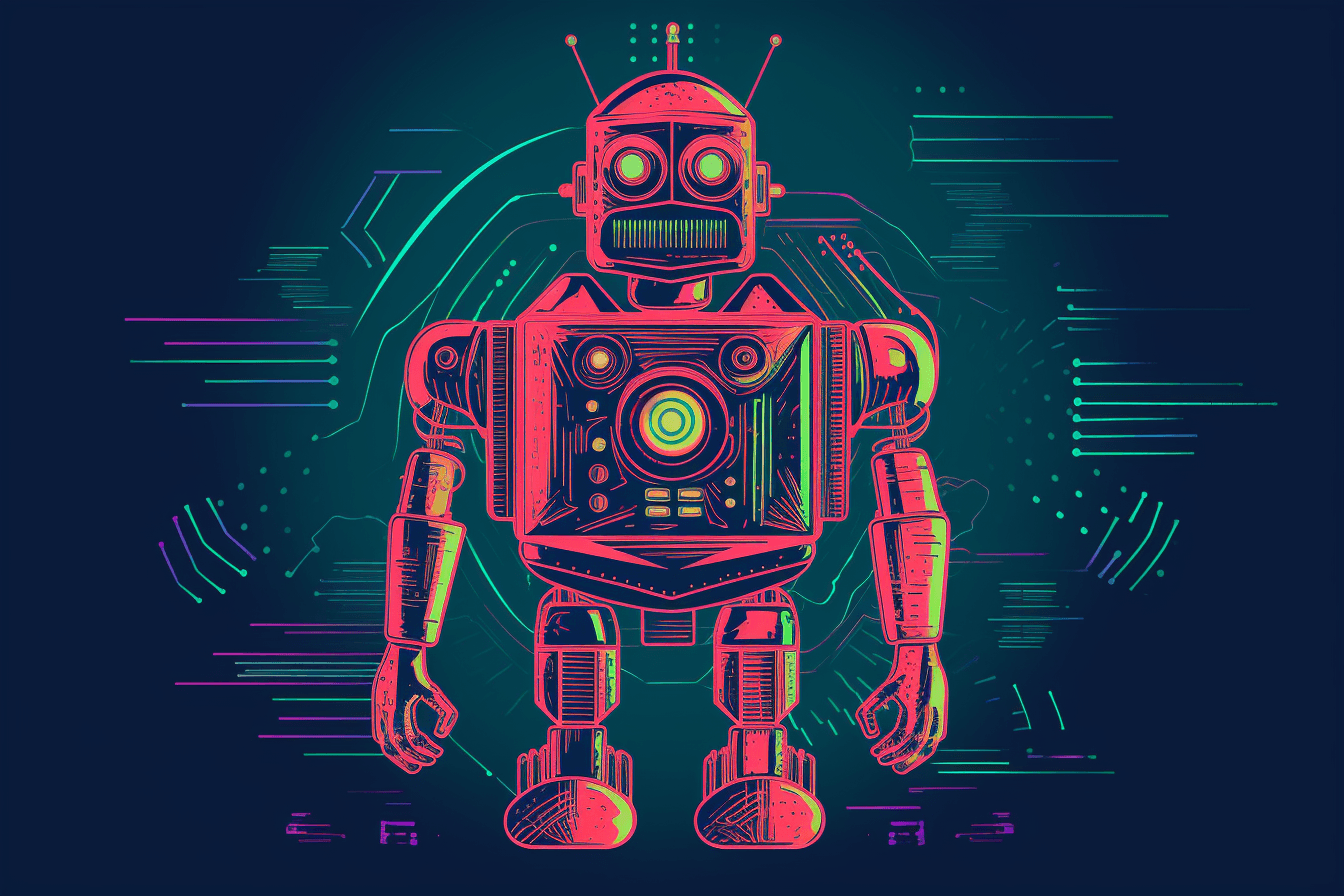 A retro-futuristic wallpaper featuring a vintage illustration of a robot, set against a neon-colored background.