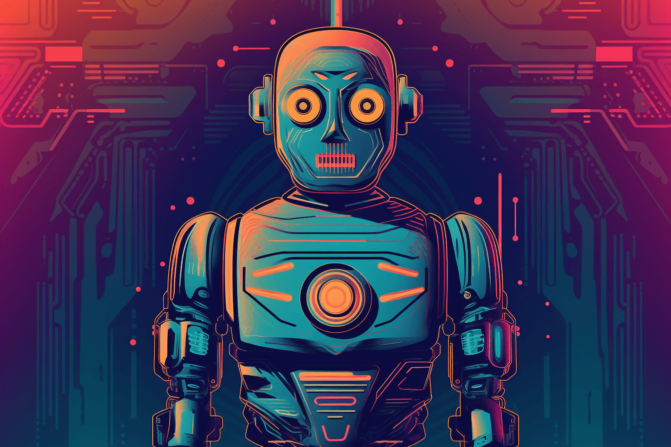 A retro-futuristic wallpaper featuring a vintage illustration of a robot, set against a neon-colored background.