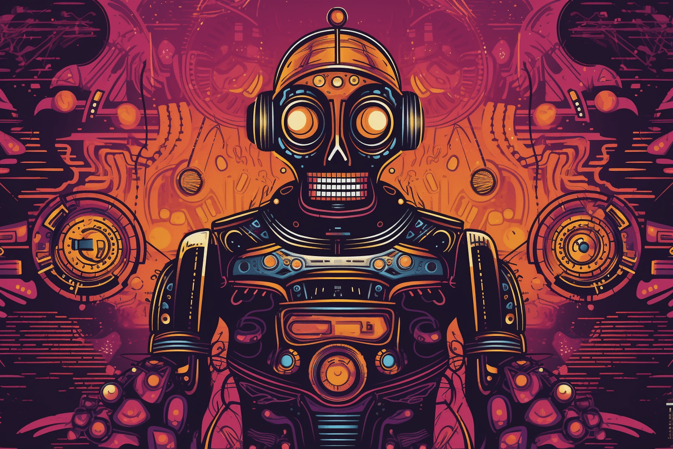 A retro-futuristic wallpaper featuring a vintage illustration of a robot, set against a neon-colored background.