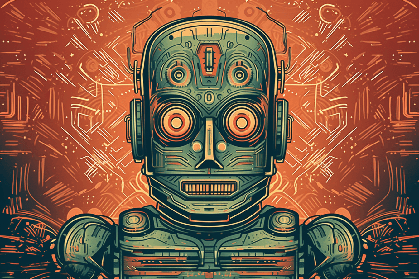 A retro-futuristic wallpaper featuring a vintage illustration of a robot, set against a neon-colored background.