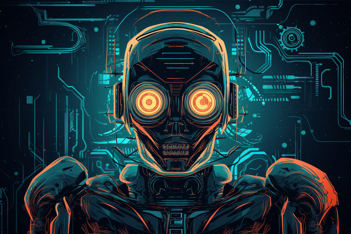 A retro-futuristic wallpaper featuring a vintage illustration of a robot, set against a neon-colored background.