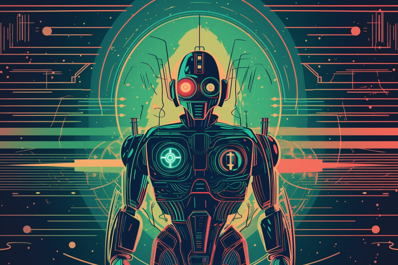 A retro-futuristic wallpaper featuring a vintage illustration of a robot, set against a neon-colored background.