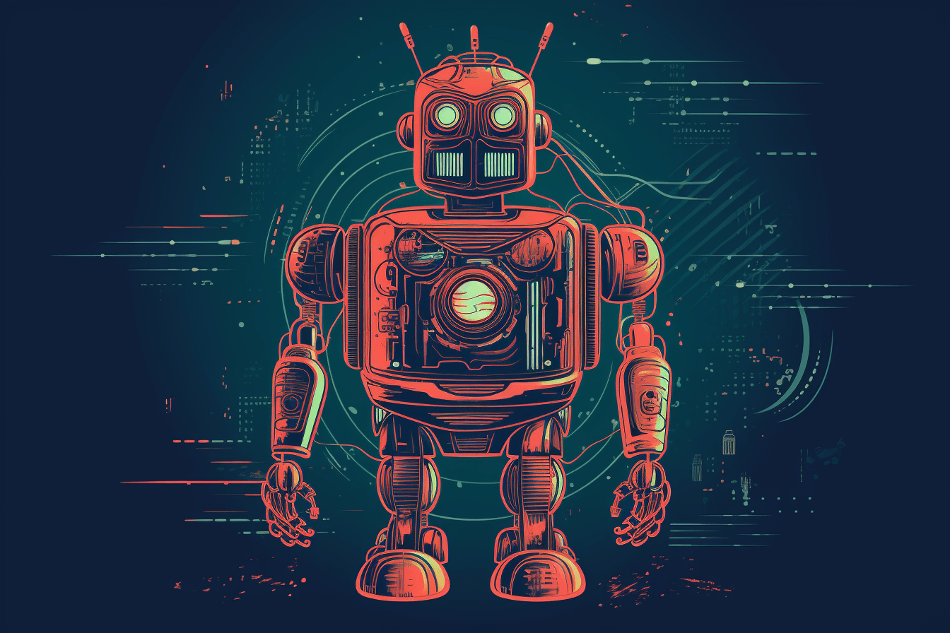 A retro-futuristic wallpaper featuring a vintage illustration of a robot, set against a neon-colored background.